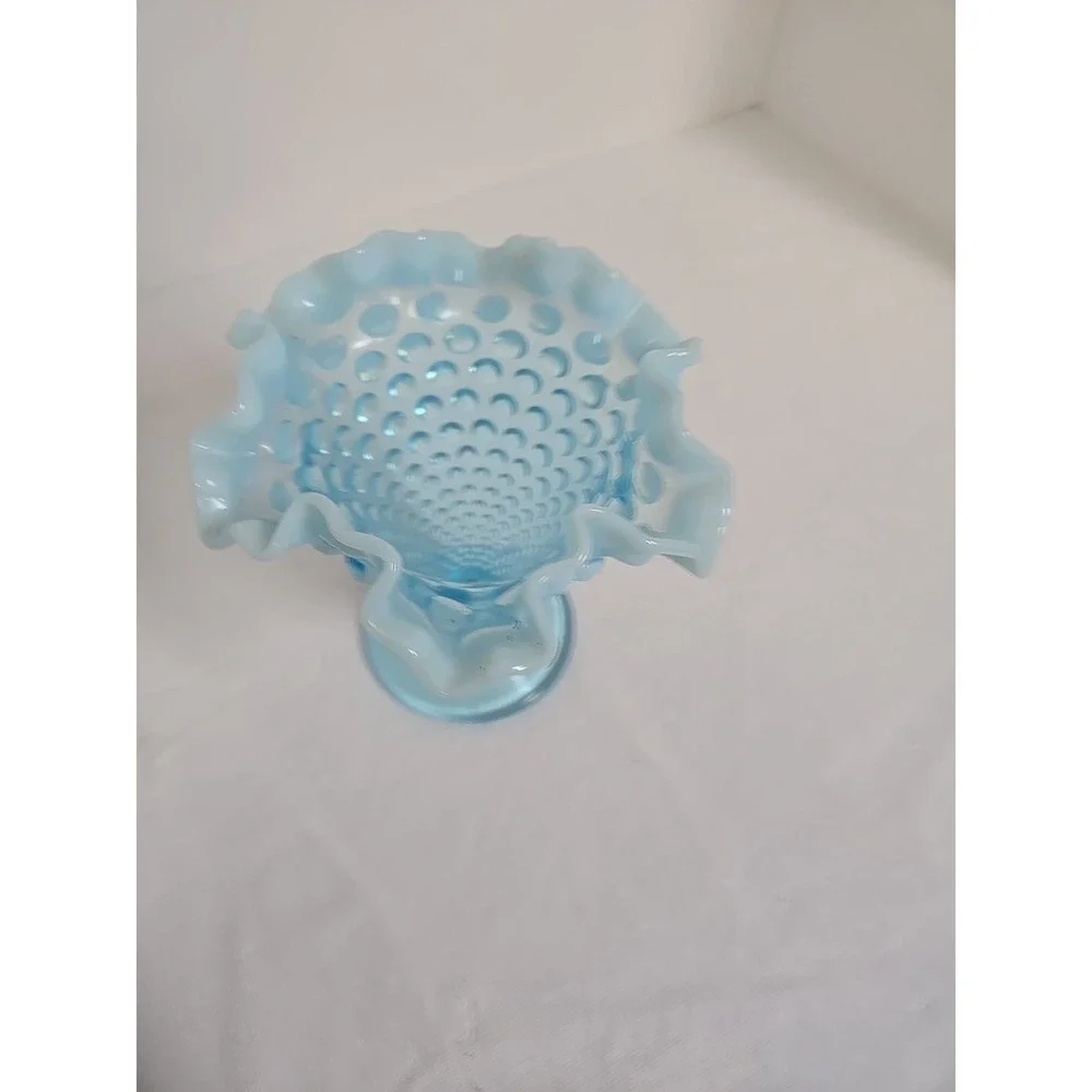 Vintage Fenton Aqua Blue Opalescent Hobnail Ruffled Vase 5 1/2